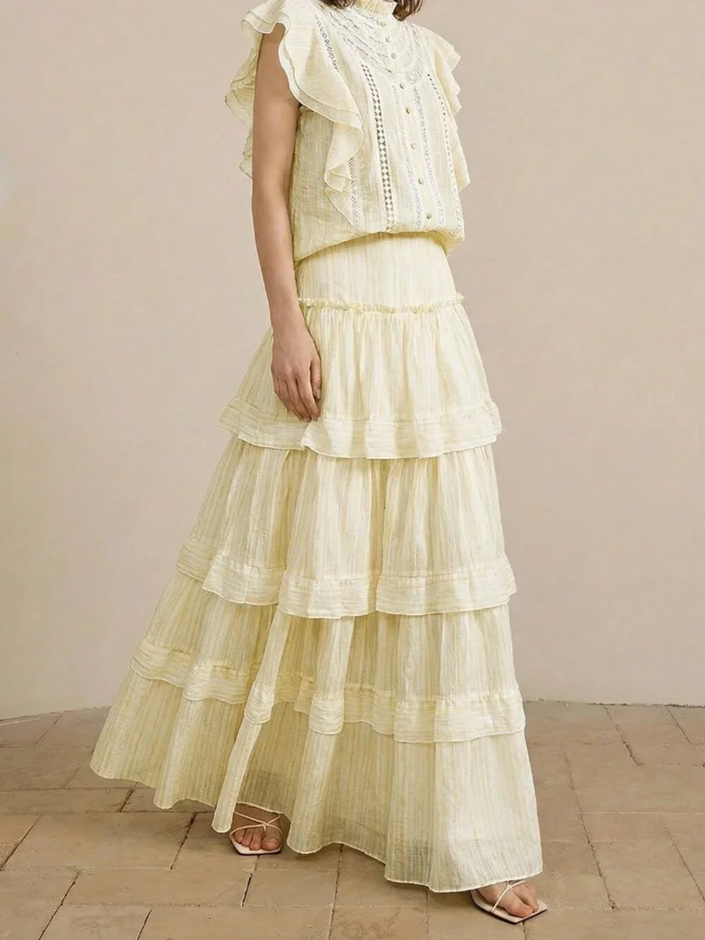 Yellow Boho Casual Women's Tiered Ruffle Hem Multi-Layer Skirt
